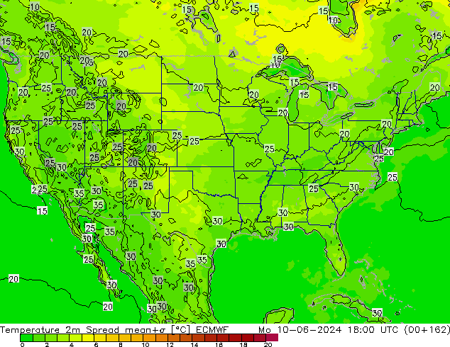 карта температуры Spread ECMWF пн 10.06.2024 18 UTC