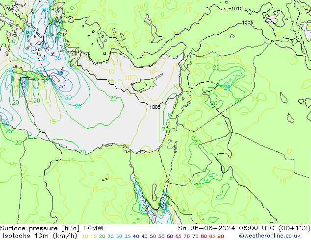 Isotachen (km/h) ECMWF za 08.06.2024 06 UTC