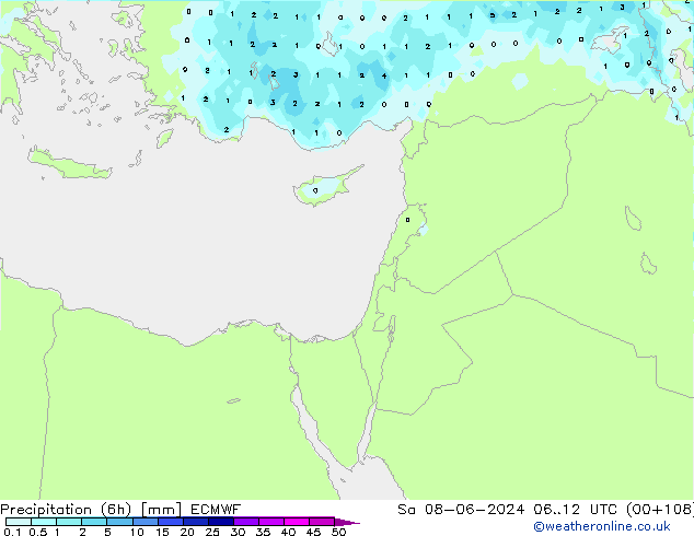 Totale neerslag (6h) ECMWF za 08.06.2024 12 UTC