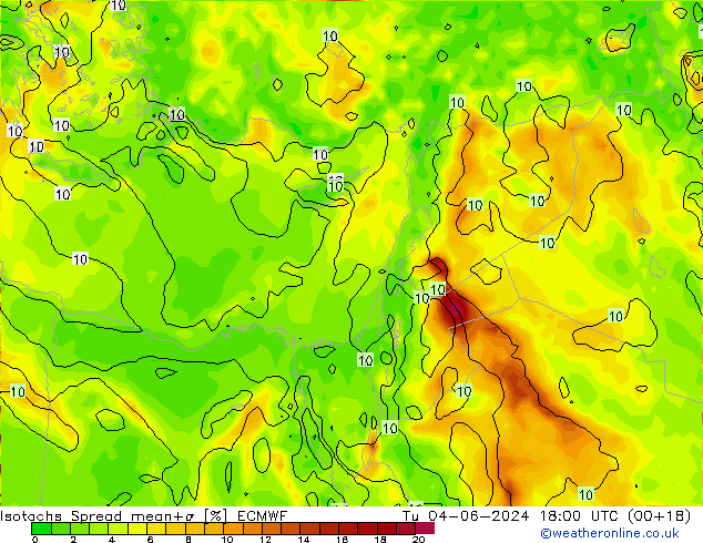 Isotachs Spread ECMWF Tu 04.06.2024 18 UTC