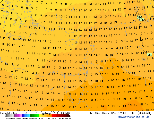 Height/Temp. 700 hPa ECMWF Th 06.06.2024 12 UTC