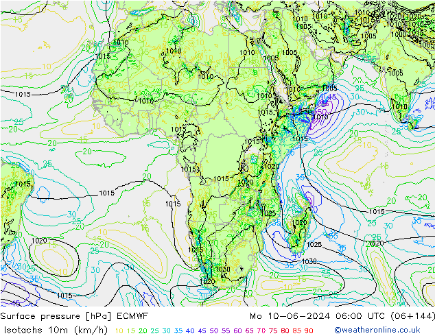 Isotachs (kph) ECMWF пн 10.06.2024 06 UTC