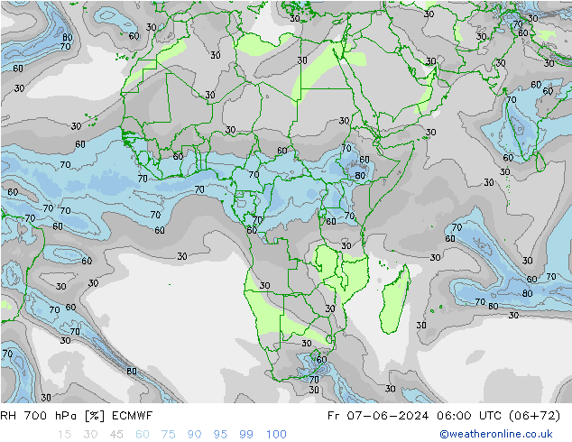 RH 700 гПа ECMWF пт 07.06.2024 06 UTC