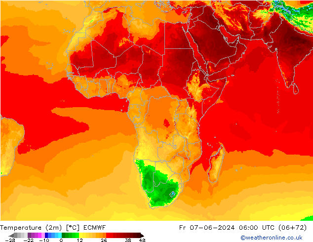 Temperatuurkaart (2m) ECMWF vr 07.06.2024 06 UTC