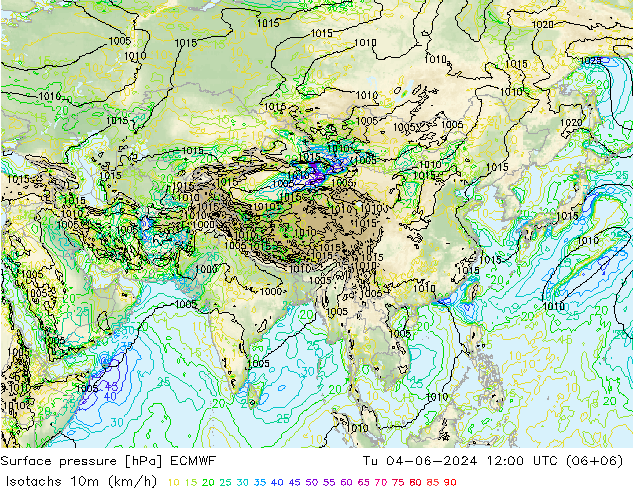 Isotachs (kph) ECMWF вт 04.06.2024 12 UTC