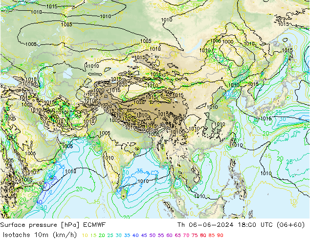 Isotachs (kph) ECMWF Qui 06.06.2024 18 UTC