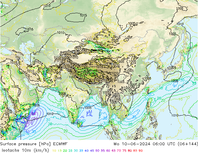 Isotachs (kph) ECMWF Mo 10.06.2024 06 UTC