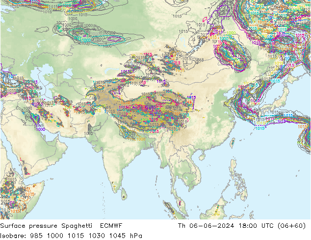 Atmosférický tlak Spaghetti ECMWF Čt 06.06.2024 18 UTC