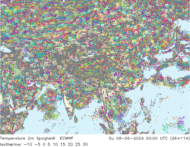 Temperature 2m Spaghetti ECMWF Su 09.06.2024 00 UTC