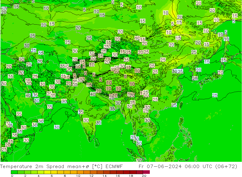 Temperature 2m Spread ECMWF Fr 07.06.2024 06 UTC