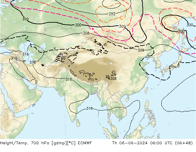 Geop./Temp. 700 hPa ECMWF jue 06.06.2024 06 UTC