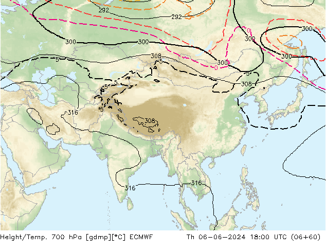 Geop./Temp. 700 hPa ECMWF jue 06.06.2024 18 UTC