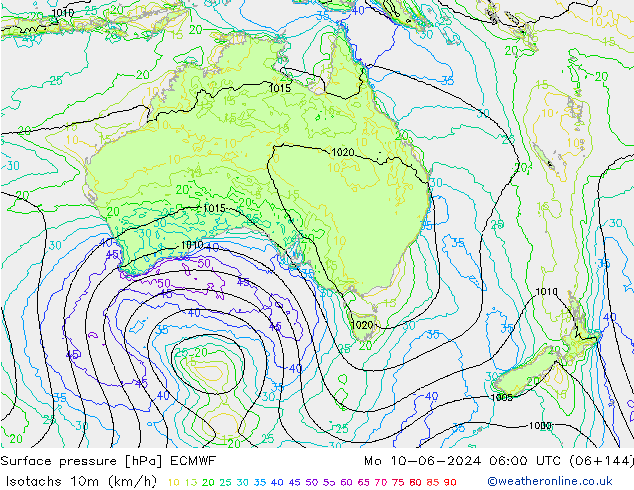 Isotachs (kph) ECMWF Mo 10.06.2024 06 UTC