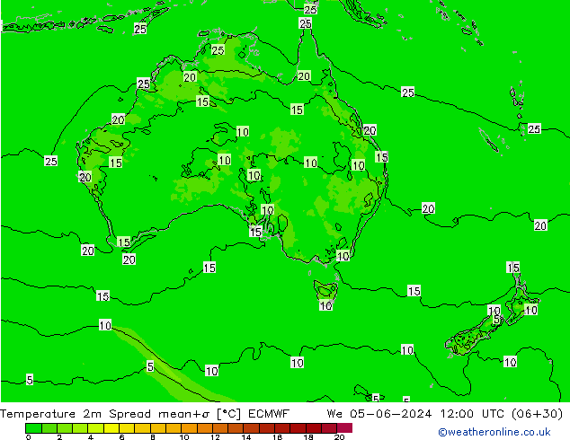 température 2m Spread ECMWF mer 05.06.2024 12 UTC