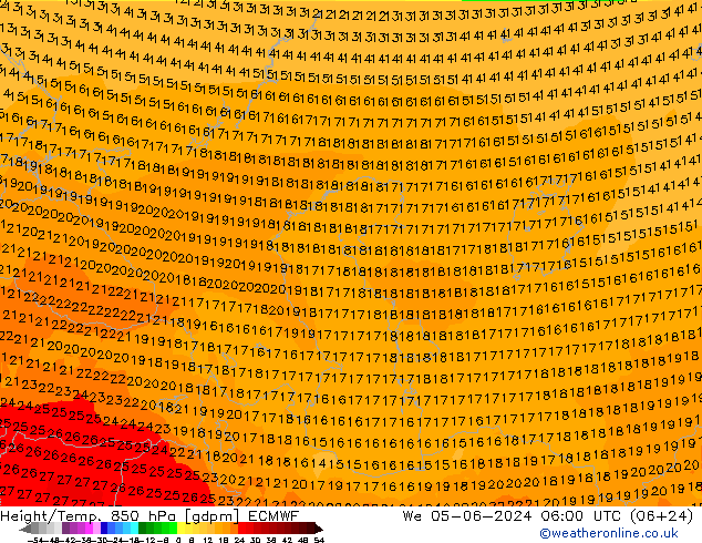 Height/Temp. 850 hPa ECMWF śro. 05.06.2024 06 UTC