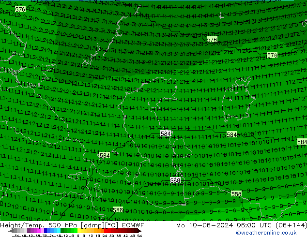 Height/Temp. 500 гПа ECMWF пн 10.06.2024 06 UTC