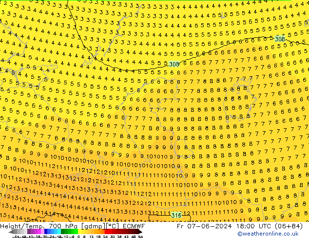 Height/Temp. 700 hPa ECMWF ven 07.06.2024 18 UTC