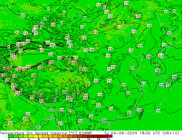 Temperature 2m Spread ECMWF Tu 04.06.2024 18 UTC