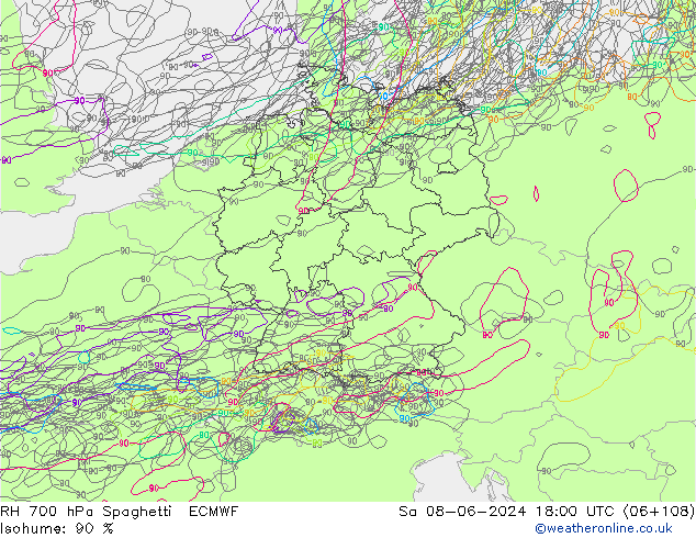 RH 700 hPa Spaghetti ECMWF Sa 08.06.2024 18 UTC