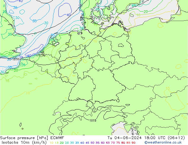 Isotachs (kph) ECMWF Tu 04.06.2024 18 UTC