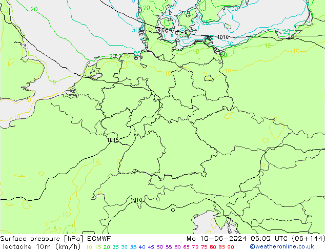 Isotachen (km/h) ECMWF Mo 10.06.2024 06 UTC