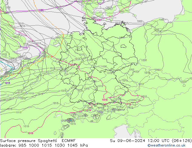 Surface pressure Spaghetti ECMWF Su 09.06.2024 12 UTC