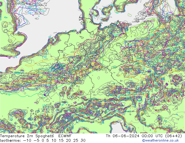 Temperatura 2m Spaghetti ECMWF jue 06.06.2024 00 UTC