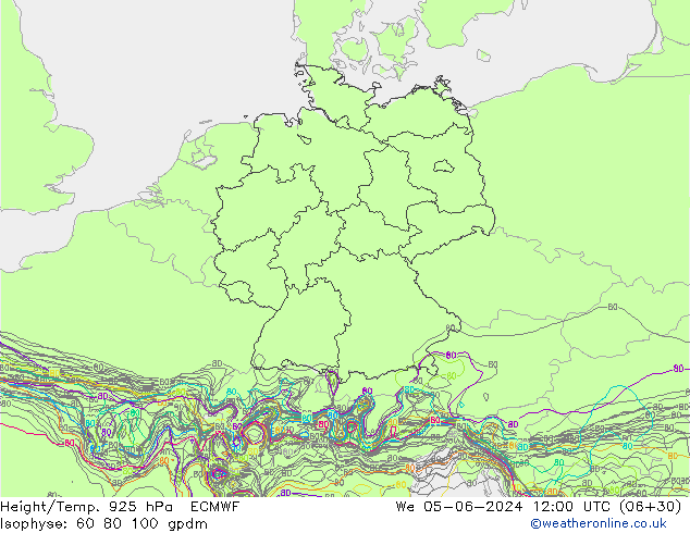 Height/Temp. 925 hPa ECMWF mer 05.06.2024 12 UTC