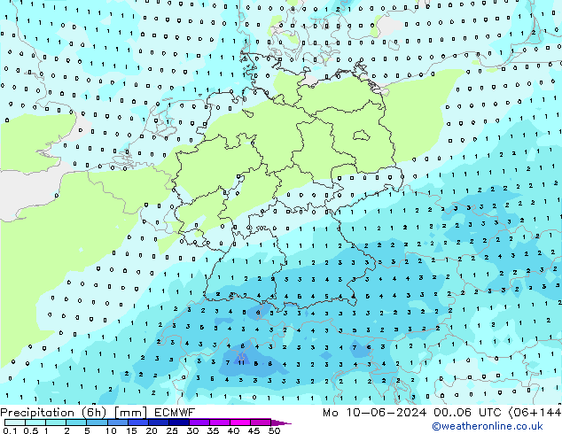 Précipitation (6h) ECMWF lun 10.06.2024 06 UTC