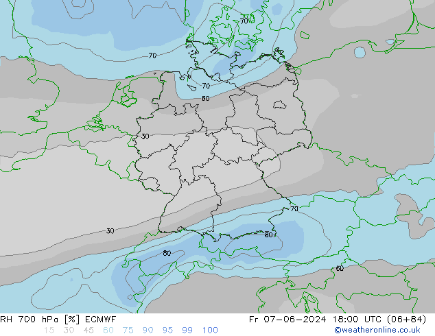 RH 700 hPa ECMWF 星期五 07.06.2024 18 UTC