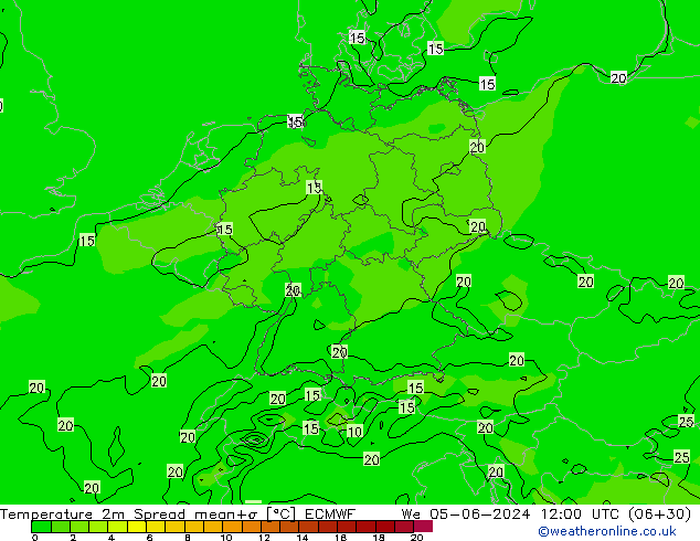 Temperature 2m Spread ECMWF We 05.06.2024 12 UTC