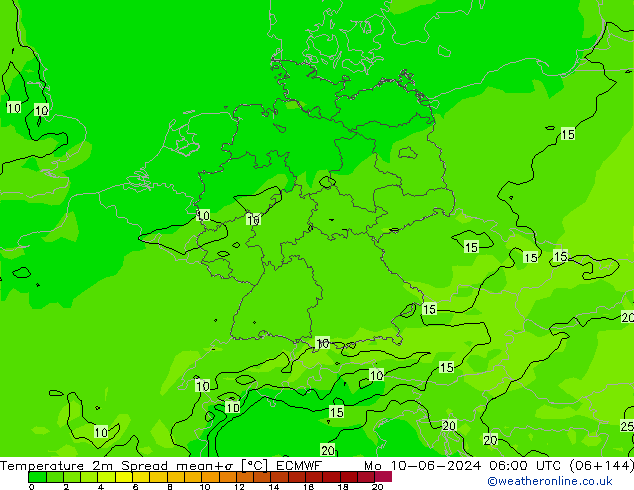 température 2m Spread ECMWF lun 10.06.2024 06 UTC