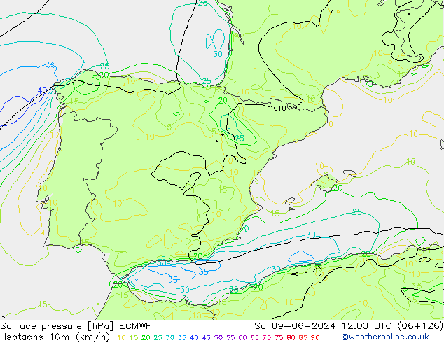 Isotachs (kph) ECMWF Su 09.06.2024 12 UTC