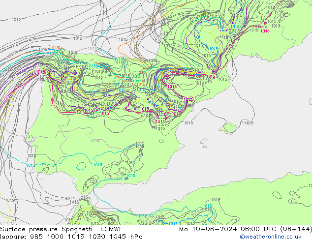 Presión superficial Spaghetti ECMWF lun 10.06.2024 06 UTC