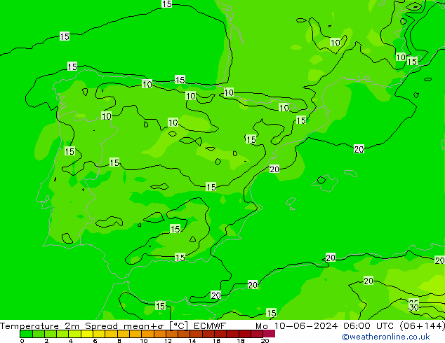 température 2m Spread ECMWF lun 10.06.2024 06 UTC