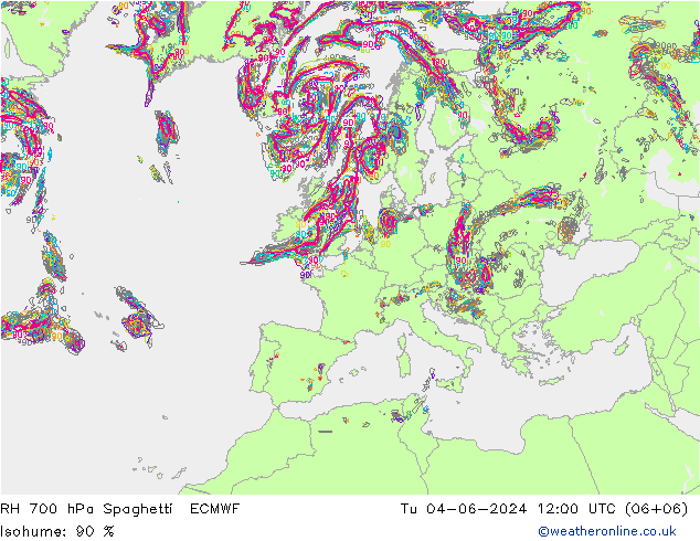 RH 700 hPa Spaghetti ECMWF  04.06.2024 12 UTC