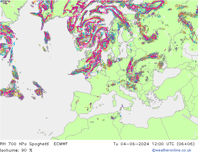 RH 700 hPa Spaghetti ECMWF mar 04.06.2024 12 UTC