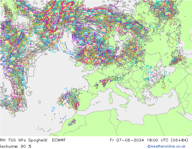 RH 700 hPa Spaghetti ECMWF  07.06.2024 18 UTC