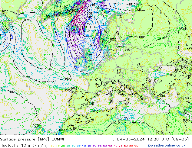 Isotachs (kph) ECMWF mar 04.06.2024 12 UTC