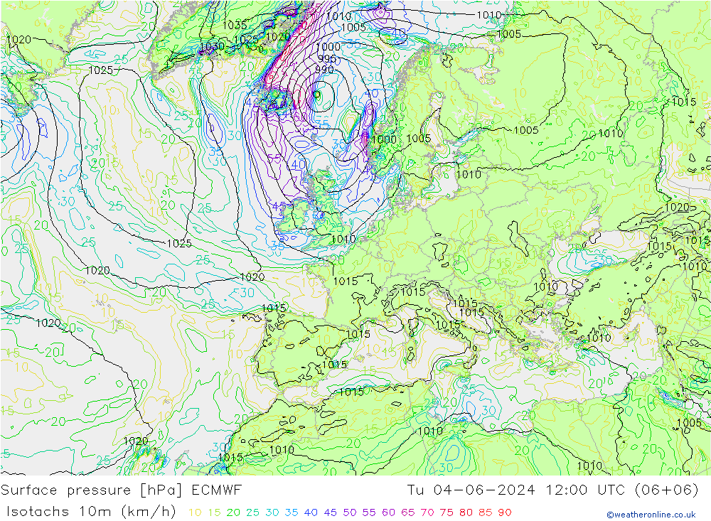 Isotachs (kph) ECMWF Tu 04.06.2024 12 UTC