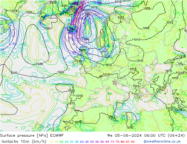 Isotachen (km/h) ECMWF Mi 05.06.2024 06 UTC