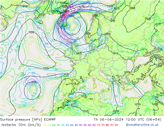 Isotachen (km/h) ECMWF Do 06.06.2024 12 UTC