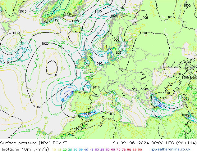 Isotachs (kph) ECMWF Su 09.06.2024 00 UTC