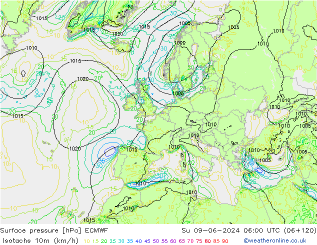 Isotachs (kph) ECMWF dim 09.06.2024 06 UTC