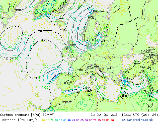 Isotachs (kph) ECMWF Su 09.06.2024 12 UTC