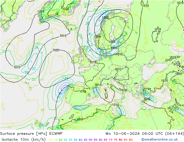 Isotachs (kph) ECMWF  10.06.2024 06 UTC