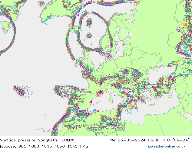 Bodendruck Spaghetti ECMWF Mi 05.06.2024 06 UTC