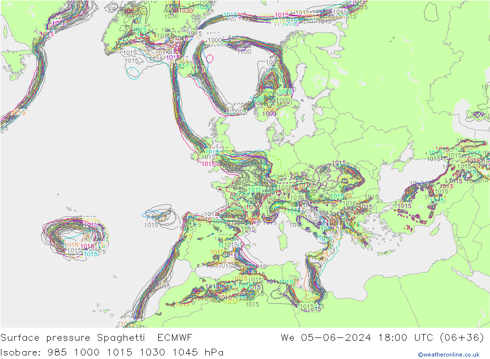 Surface pressure Spaghetti ECMWF We 05.06.2024 18 UTC