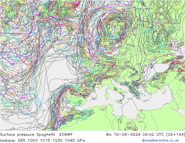 Surface pressure Spaghetti ECMWF Mo 10.06.2024 06 UTC