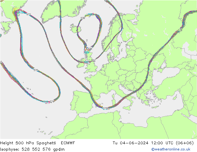 Height 500 hPa Spaghetti ECMWF 星期二 04.06.2024 12 UTC